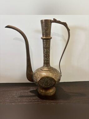 Vintage Indian Solid Brass Ewer Tea/ Water Pot Pitcher Etched Enamel Aftaba